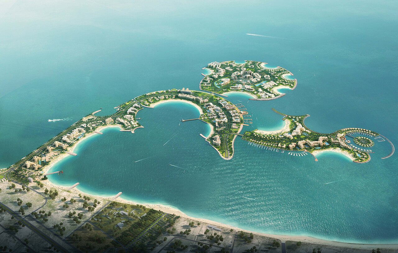 Aerial view of Al Marjan Island’s developed waterfront and island coastline