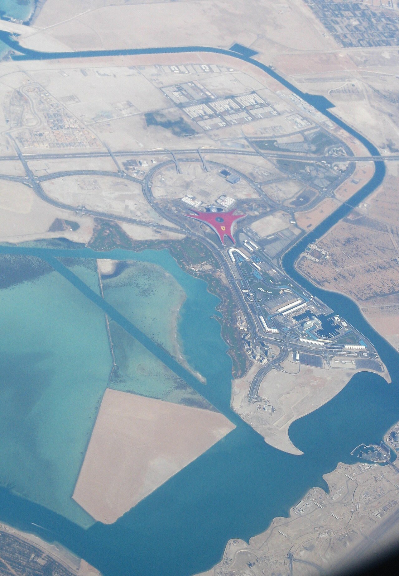 Aerial view of Yas Marina Circuit and Ferrari World on Yas Island